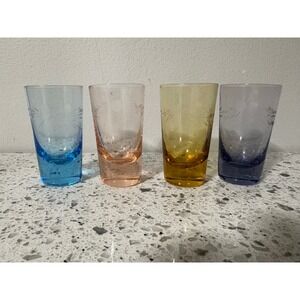Set of 4 Vintage Etched multi Colored‎ Shot Glasses Blue Pink Yellow Purple